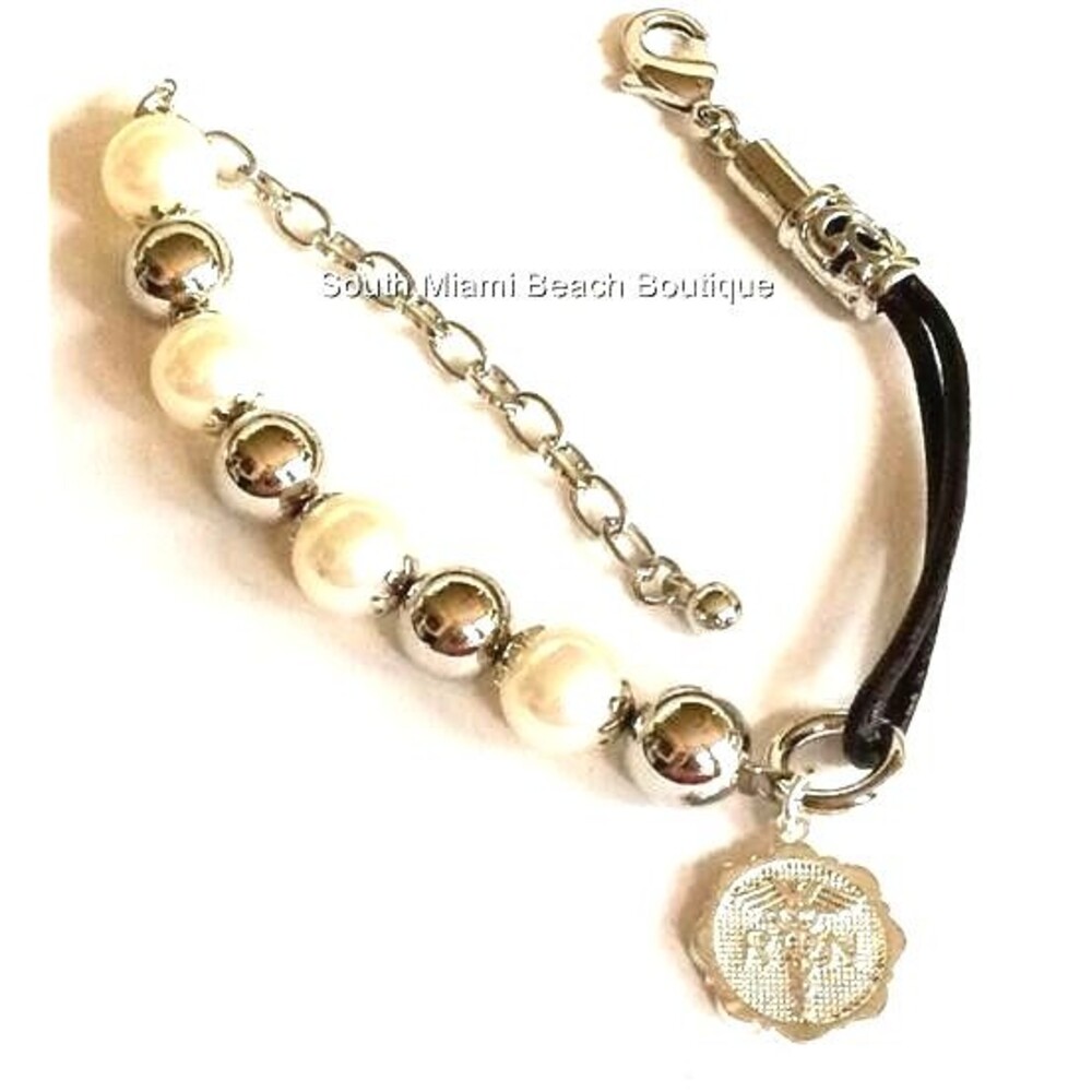 RN Nursing Charm Bracelet Caduceus Silver Plated Pearl Nurse Graduation Gift